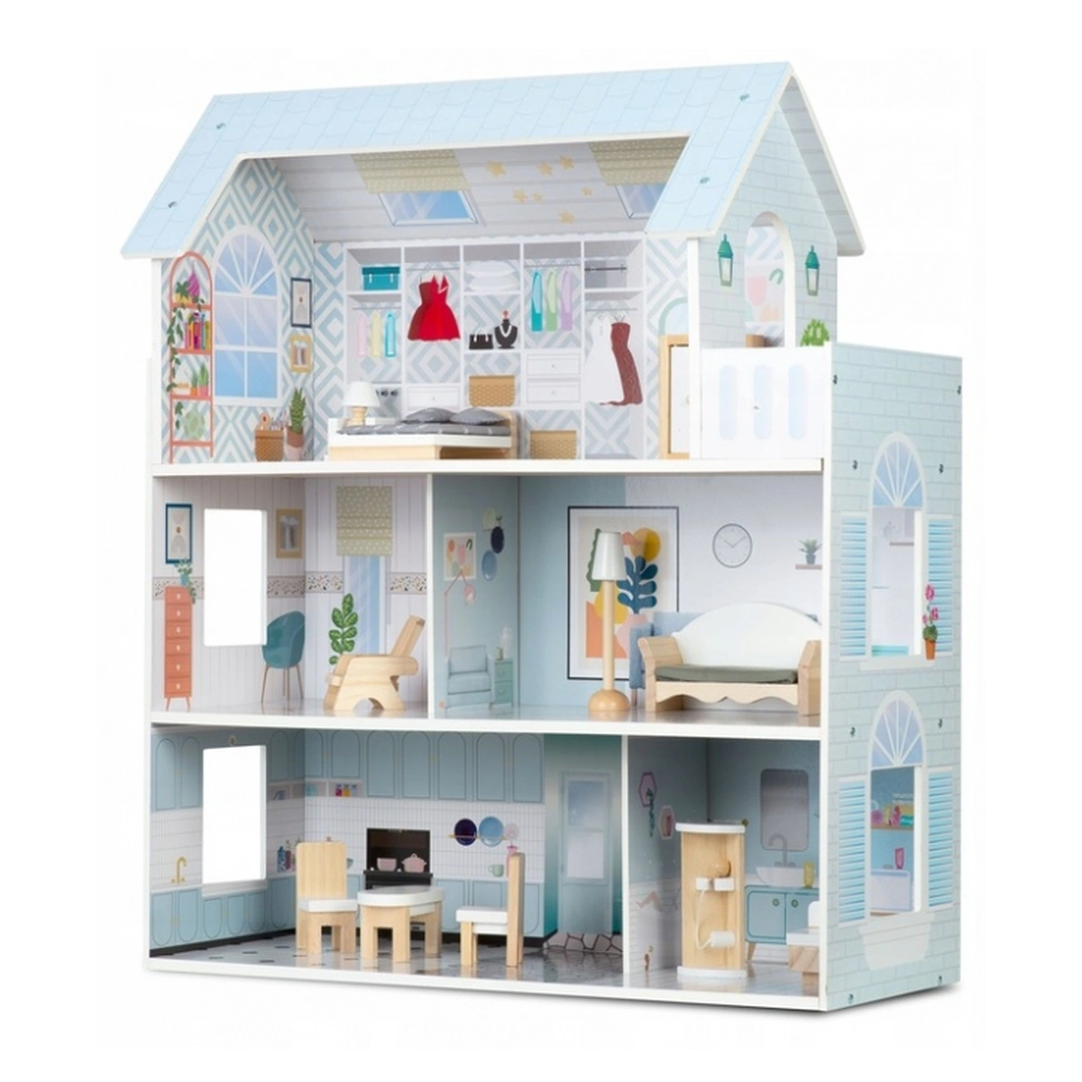 Casute pentru papusi - Casuta de papusi lemn Ricokids 3 etaje Albastru deschis