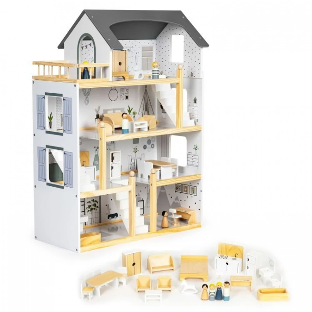 Casute pentru papusi - Casuta de papusi inalta din lemn cu mobilier Ecotoys
