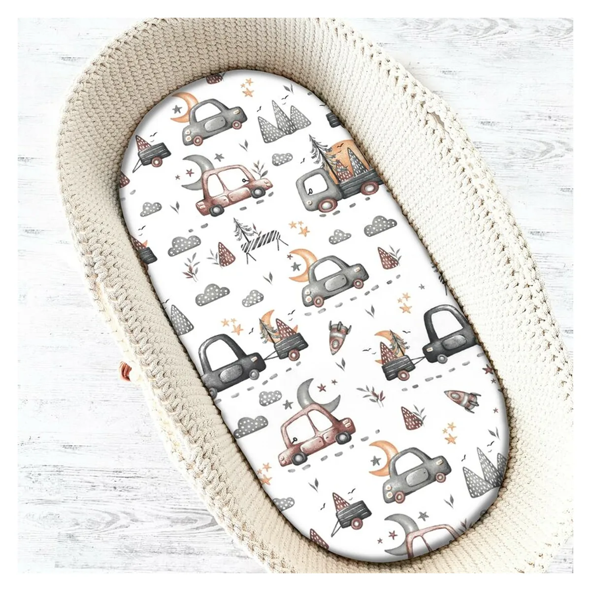 Somnul celor mici - Cearceaf cu elastic, MimiNu, Pentru landou, carucior si cosulet, 80x35 cm, Cars Grey