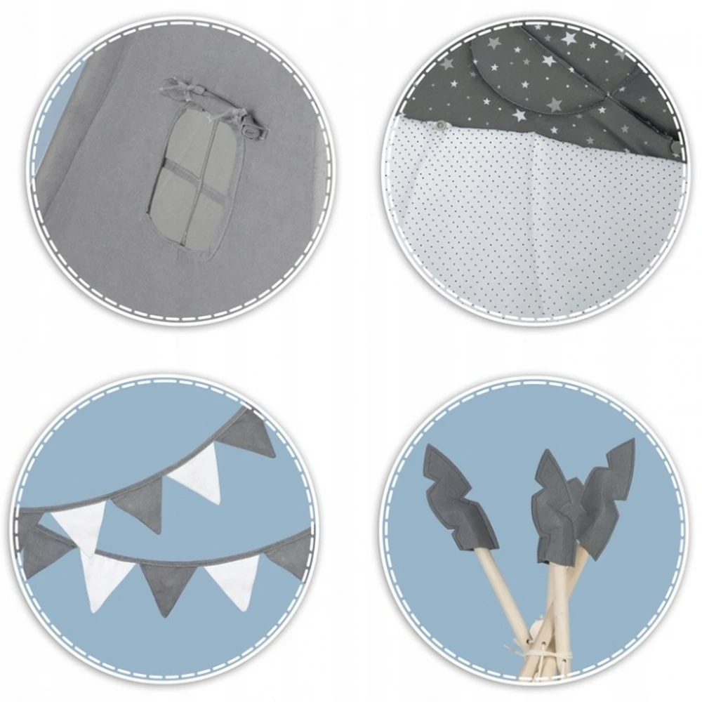 Cort de joaca pentru copii cu ghirlanda, salteluta si 3 pernite Nukido - Gri [6]