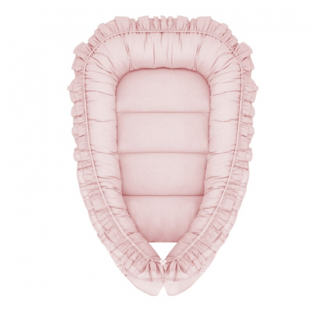 Camera copilului - Cosulet bebelus, MimiNu, Baby Nest 55 x 75 cm, Cu Volanase, Husa 100% bumbac, Colectia Royal, Powder Pink