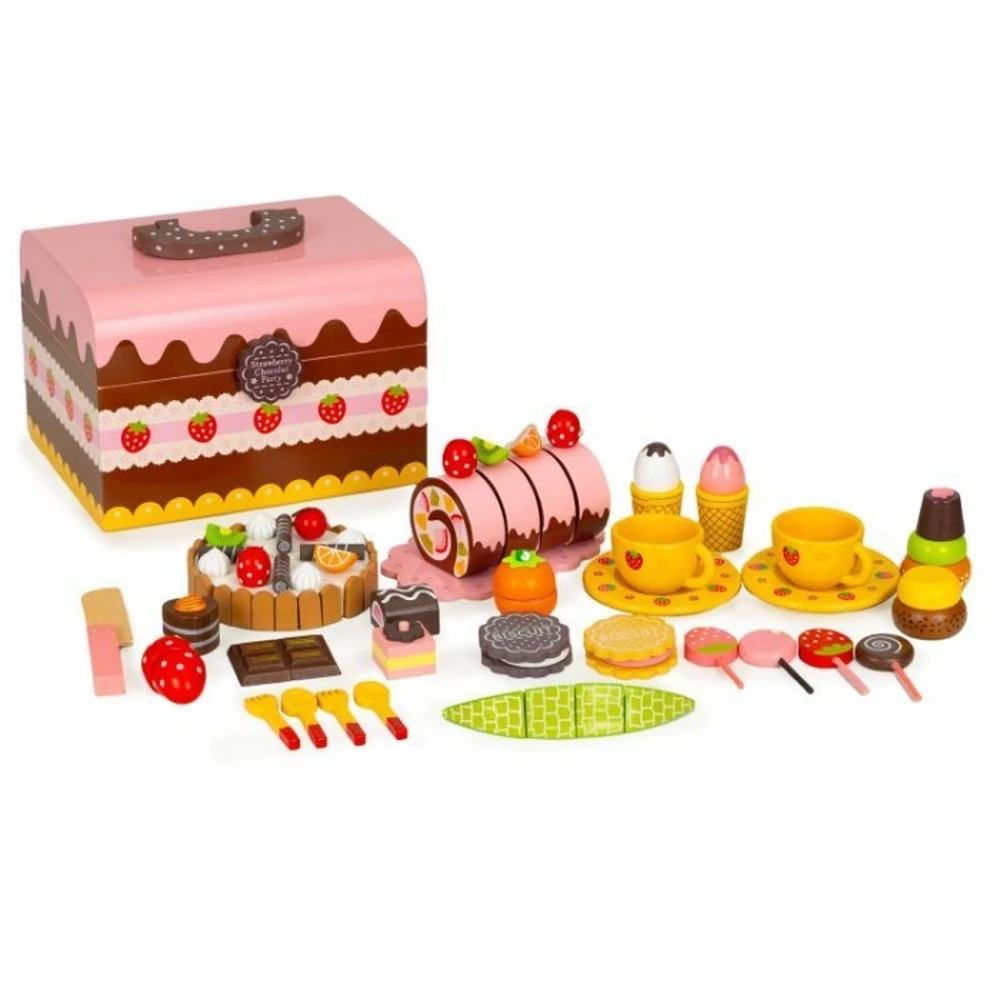Fructe, legume, alimente - Cutie cu dulciuri si accesorii din lemn, 29 elemente, Ecotoys