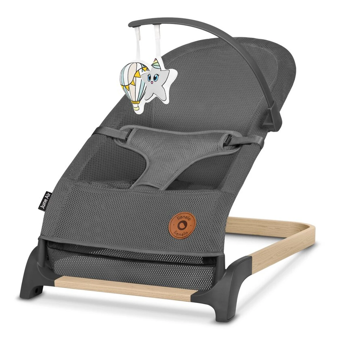 Balansoare si leagane bebelusi - Fotoliu balansoar June AIR, Cu arcada cu jucarii, Ergonomic, Permite circulatia aerului, Balansare manuala, Pliabil, 0 luni+, Gri