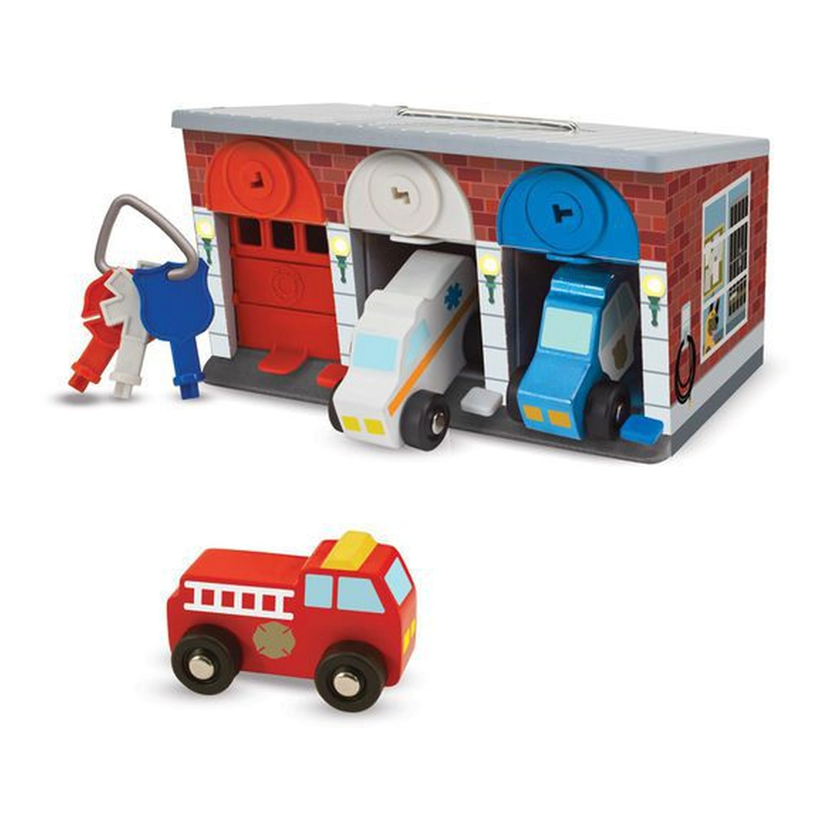 Jucarii din lemn - Garaj cu incuietori Echipa de interventie - Melissa and Doug