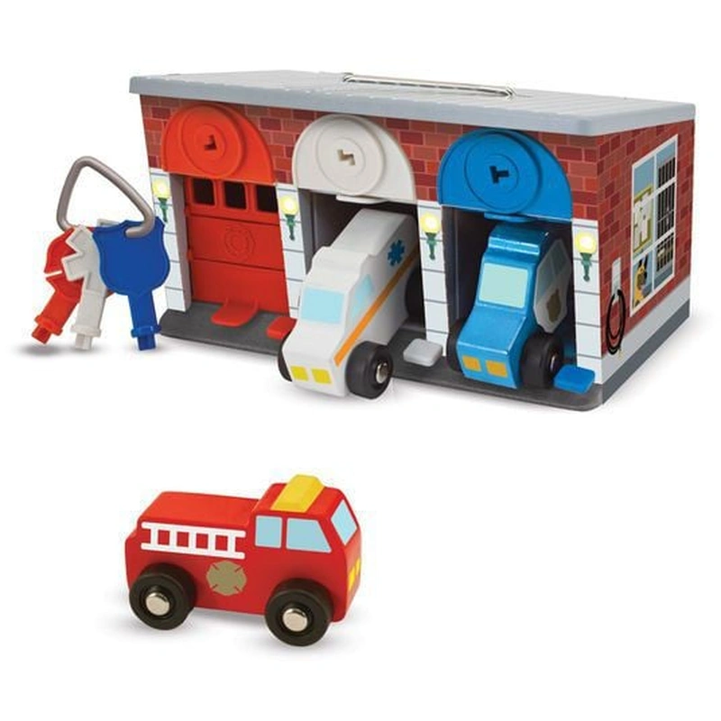 Jucarii din lemn - Garaj cu incuietori Echipa de interventie - Melissa and Doug