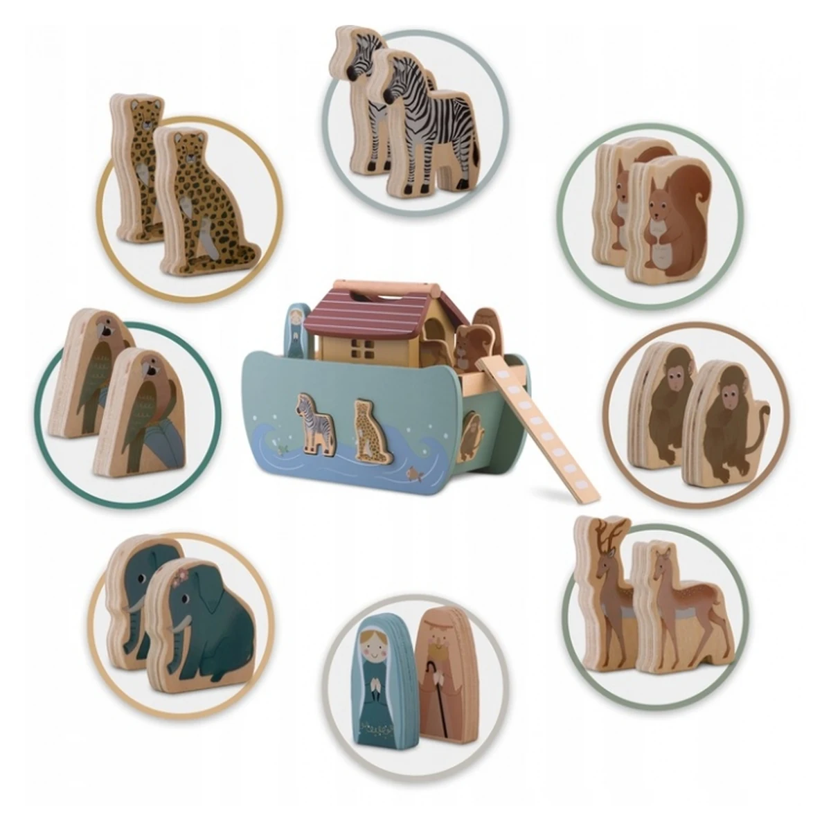 Jucarie educativa Arca lui Noe din lemn cu animalute, 17.5 x 13.5 x 20 cm, Nukido 12 luni+ [3]