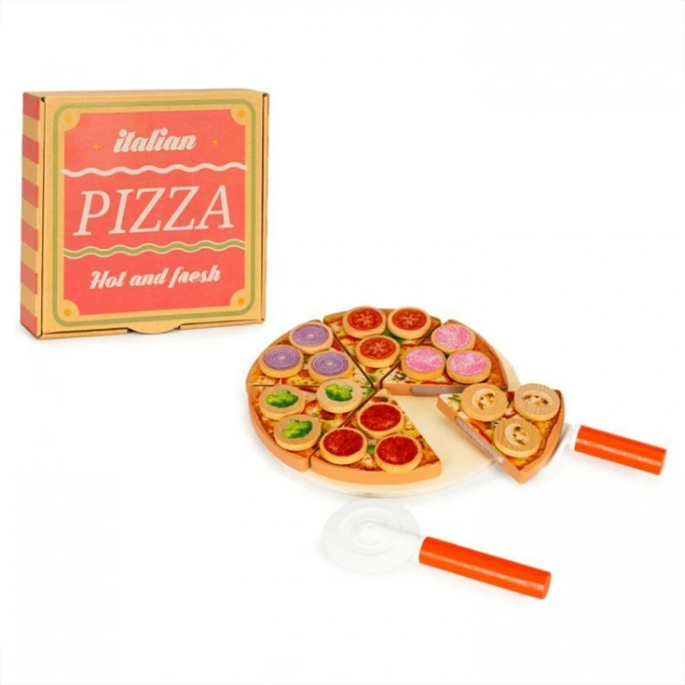 Fructe, legume, alimente - Jucarie interactiva din lemn sub forma de pizza, 27 elemente, Ecotoys
