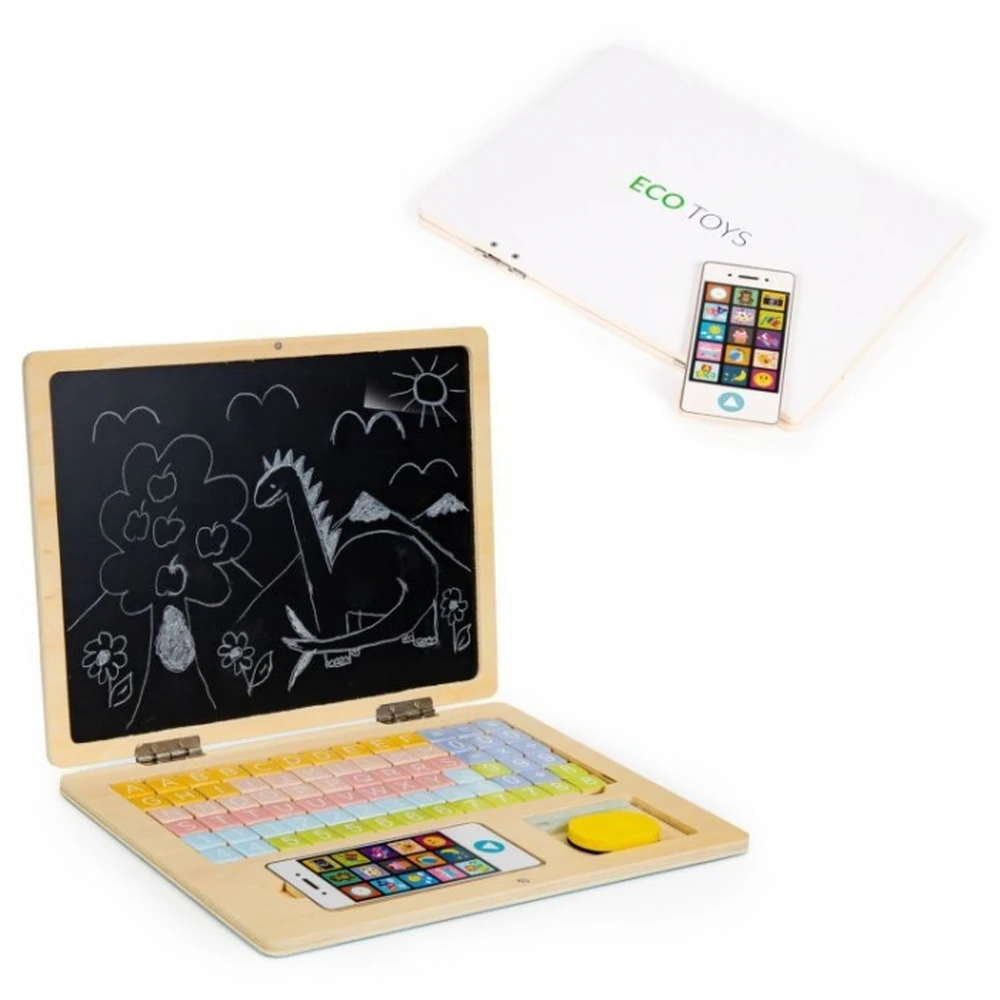 Laptop educational din lemn cu magnet si taste din lemn Ecotoys - Alb [1]