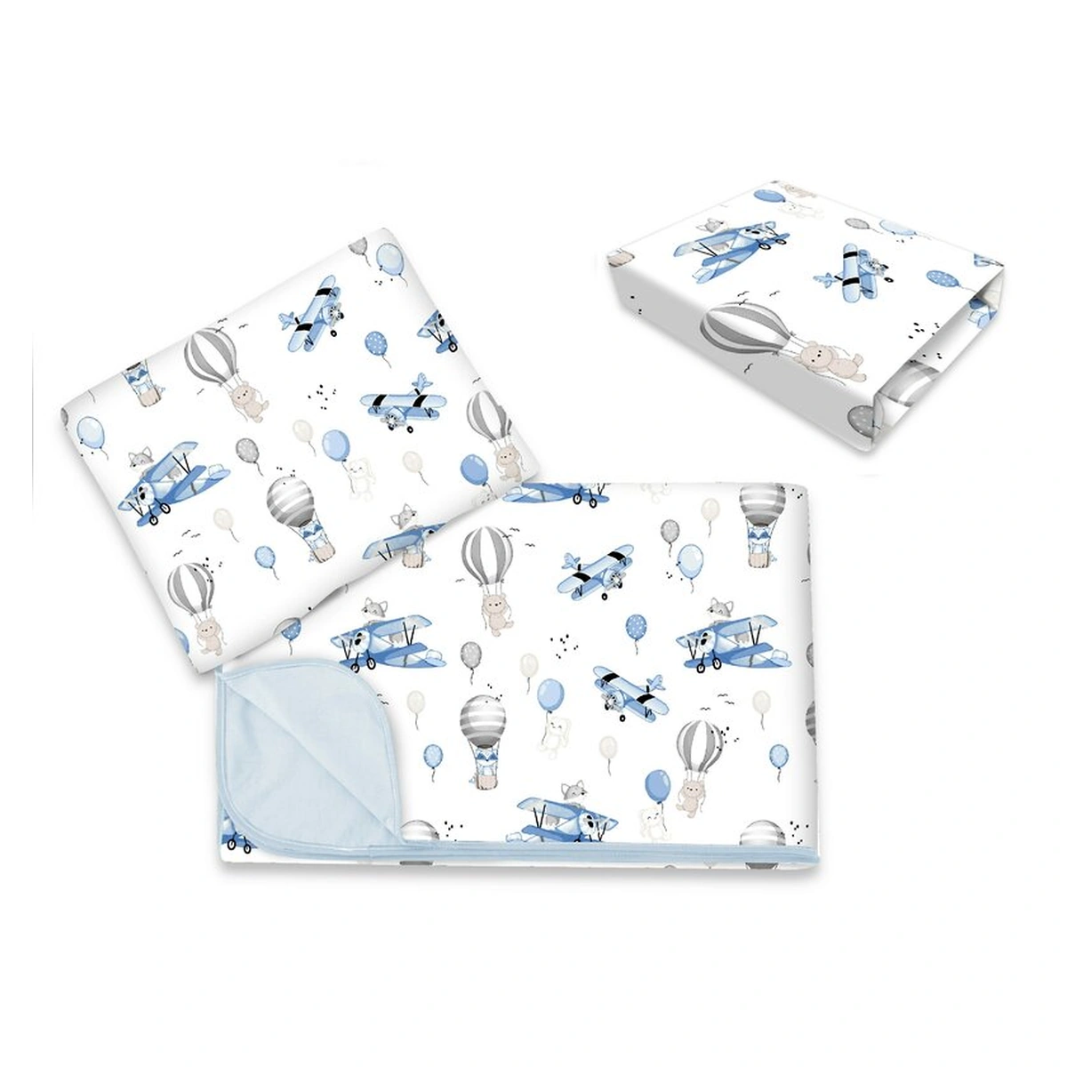 Asternuturi pentru patut - Lenjerie patut cu 3 piese, MimiNu, cearceaf 120x60 cm, paturica si pernuta, bumbac, Blue Plane