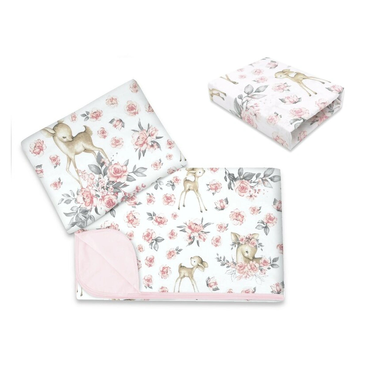 Somnul celor mici - Lenjerie patut cu 3 piese, MimiNu, cearceaf 120x60 cm, paturica si pernuta, bumbac, Sweet Deer Pink