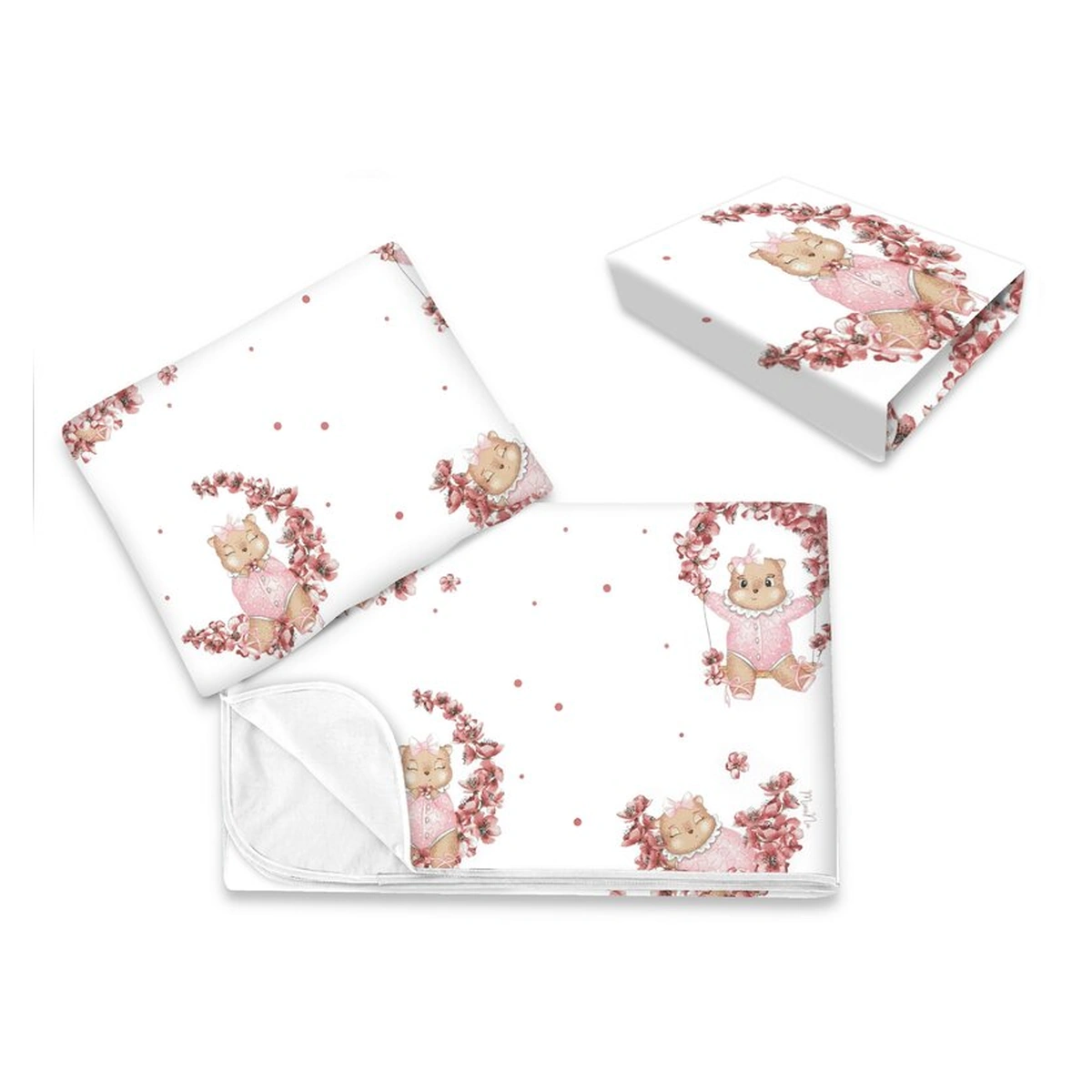 Somnul celor mici - Lenjerie patut cu 3 piese, MimiNu, Cu cearceaf 120x60 cm, paturica si pernuta, bumbac 100%, Betty