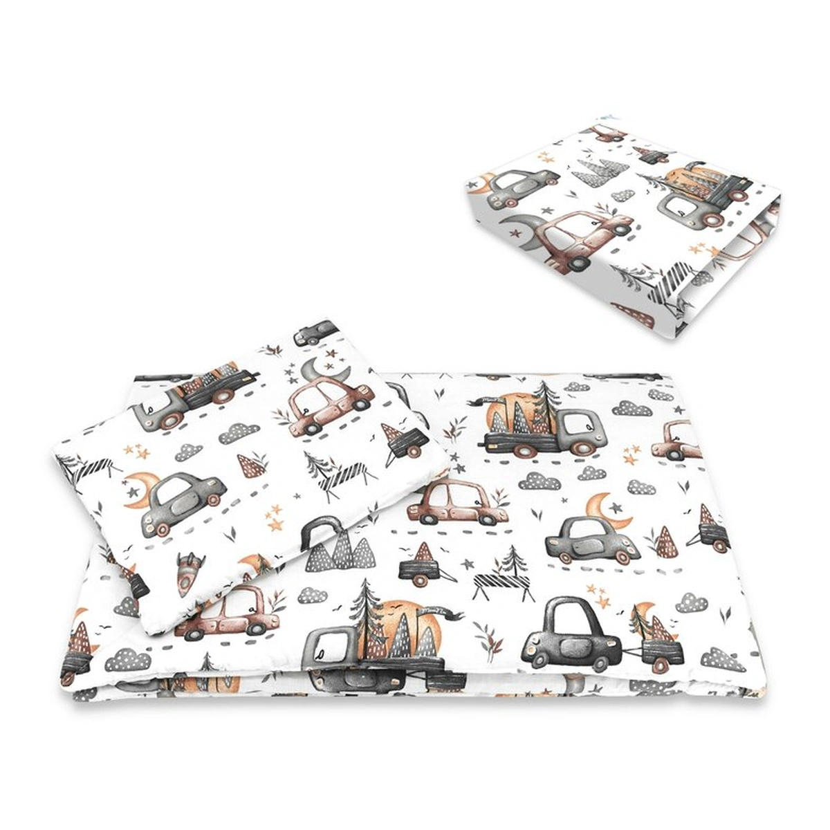 Asternuturi pentru patut - Lenjerie patut cu 3 piese, MimiNu, Cu cearceaf 120x60 cm, Pilota, Pernuta, bumbac 100%, Cars Grey