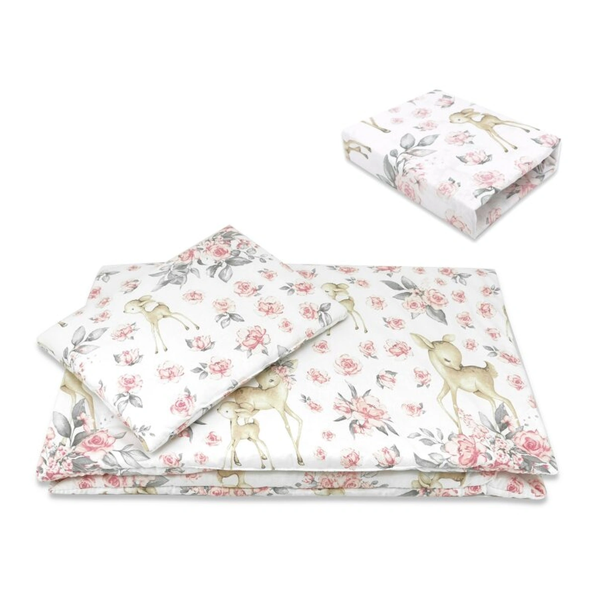 Asternuturi pentru patut - Lenjerie patut cu 3 piese, MimiNu, Cu cearceaf 120x60 cm, Pilota, Pernuta, bumbac 100%, Sweet Deer Pink