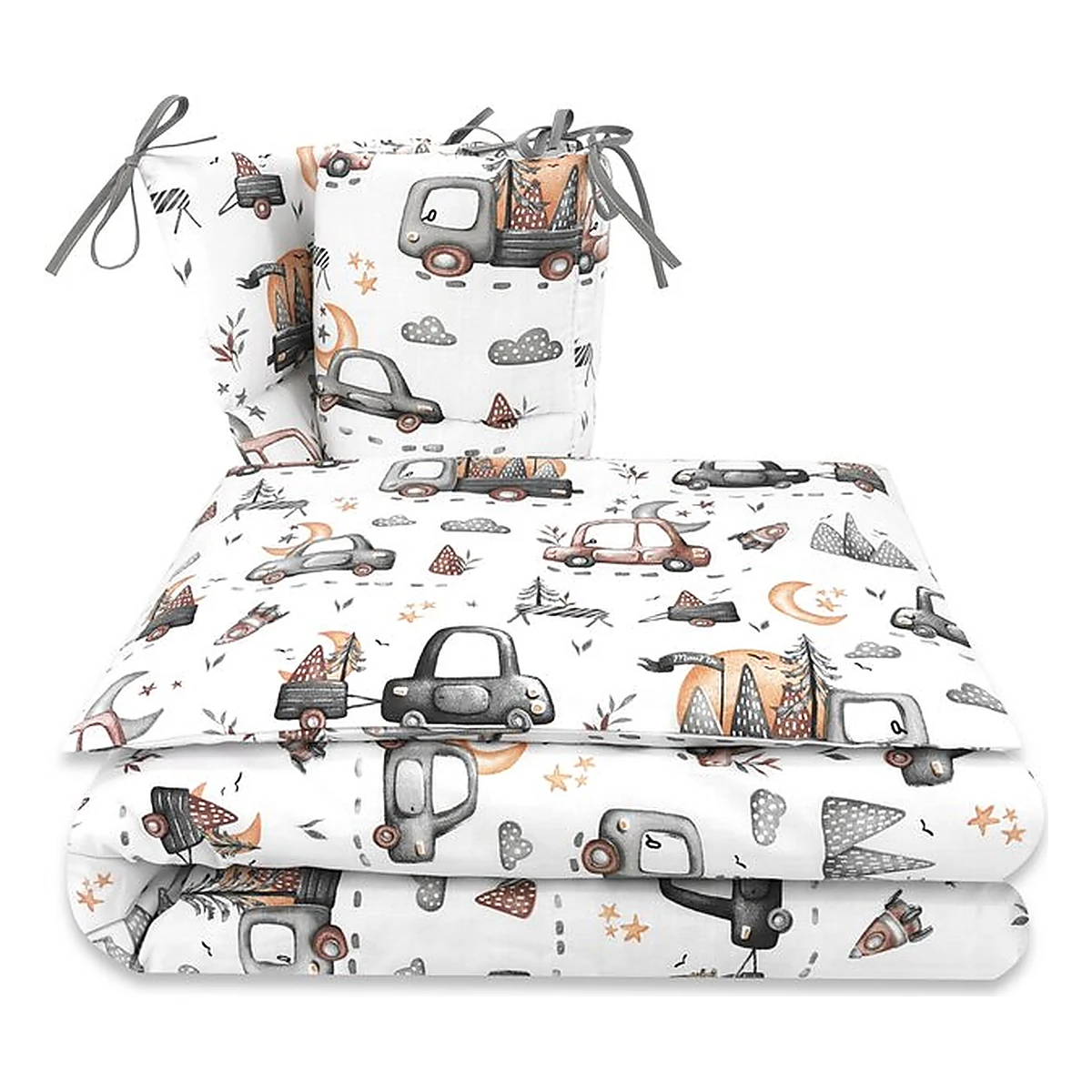 Camera copilului - Lenjerie patut cu 3 piese, MimiNu, Pentru patut 120x60 cm, Cu protectie laterala, Cars Grey