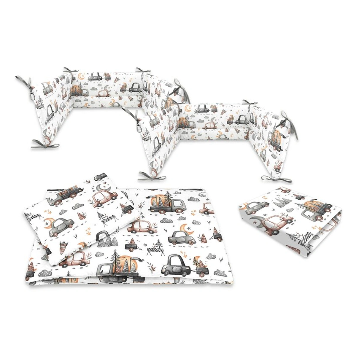 Asternuturi pentru patut - Lenjerie patut cu 5 piese, MimiNu, Cu cearceaf 120x60 cm, Pilota, Pernuta, 2 aparatori, bumbac 100%, Cars Grey