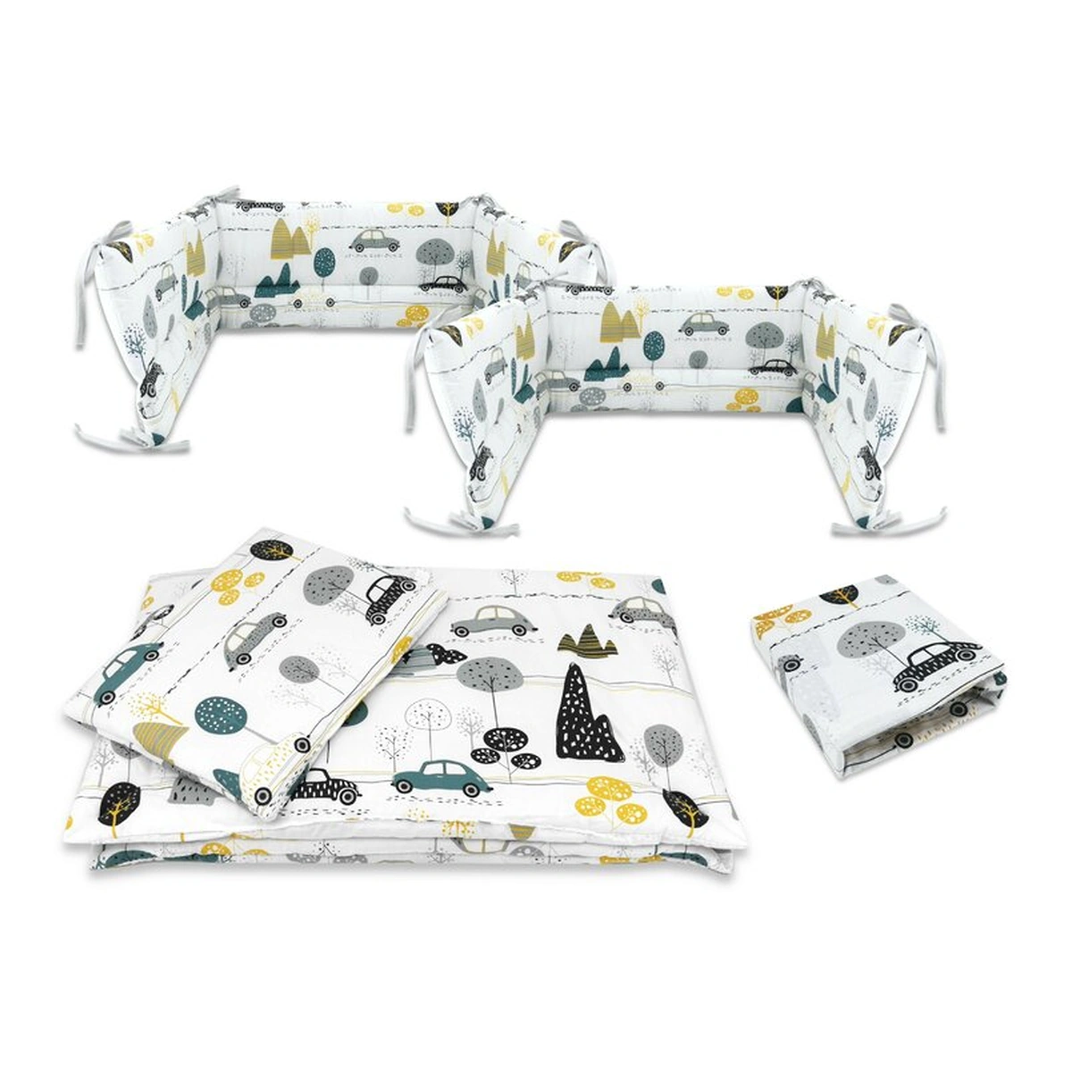 Asternuturi pentru patut - Lenjerie patut cu 5 piese, MimiNu, Cu cearceaf 120x60 cm, Pilota, Pernuta, 2 aparatori, bumbac 100%, Childrens Journey Grey