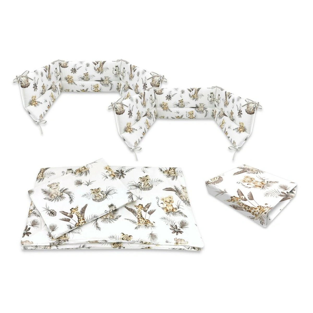 Asternuturi pentru patut - Lenjerie patut cu 5 piese, MimiNu, Cu cearceaf 120x60 cm, Pilota, Pernuta, 2 aparatori, bumbac 100%, Savanna