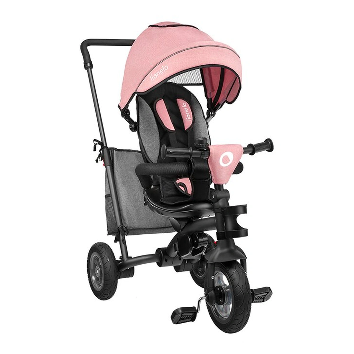 Triciclete - Lionelo - Tricicleta Tris, Mecanism de pedalare libera, Suport picioare, Control al directiei, Scaun reversibil, Rotire 360 grade, Pliabila, Conform cu standardul europeane de securitate EN71, Roz/Gri