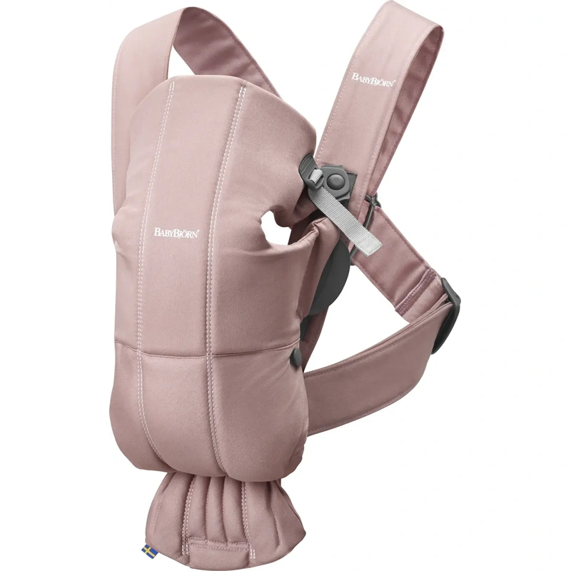 La plimbare - Marsupiu anatomic Mini BabyBjorn, cu pozitii multiple de purtare – Dusty Pink, Bumbac