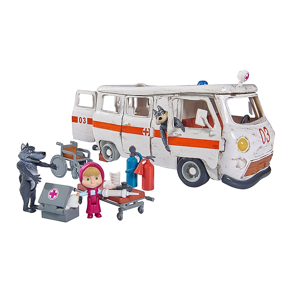 Masinute, trenulete, avioane - Masina Simba Masha and the Bear Ambulance cu accesorii