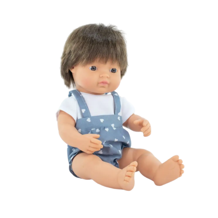 Papusi bebelus - Papusa baiat caucazian 38 cm, par saten inchis, in salopeta, corp parfumat, colectia My Friends and Me Miniland 10 luni