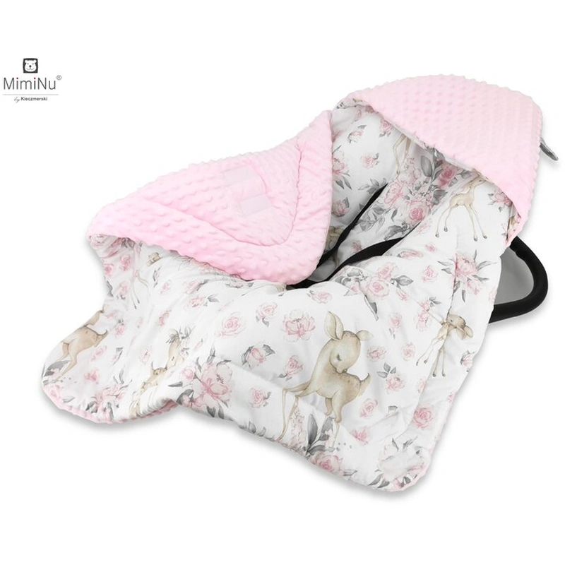 La plimbare - Paturica calduroasa de infasat, MimiNu, Pentru scoica, scaun auto/carucior, Cu sistem de prindere velcro, 90x90 cm, Minky + Bumbac, Sweet Deer Pink