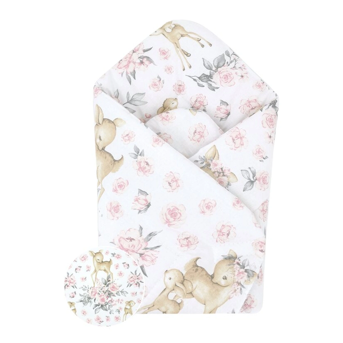 Somnul celor mici - Paturica de infasat, MimiNu, doua fete, inchidere arici velcro, 75x75 cm, bumbac, Sweet Deer Pink