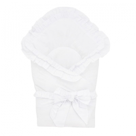 Camera copilului - Paturica de infasat, MimiNu, pentru botez, Cu volanase, inchidere cu panglica si velcro, 75x75 cm, bumbac, White