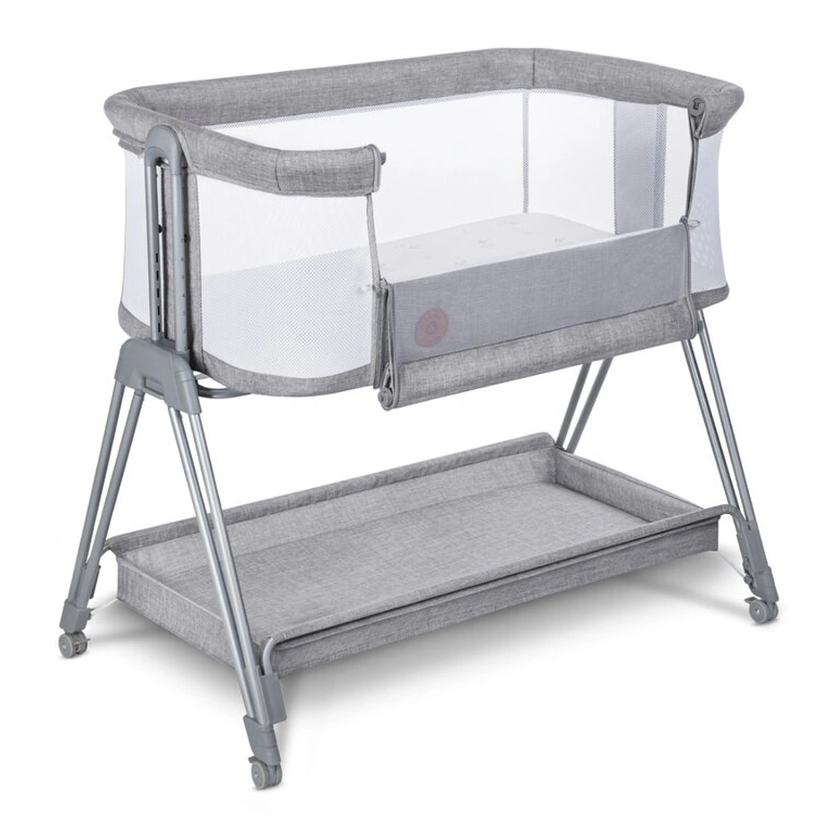 Camera copilului - Patut co-sleeper Luna, 2 in 1, Cu laterala culisanta, Cu roti, Gri deschis