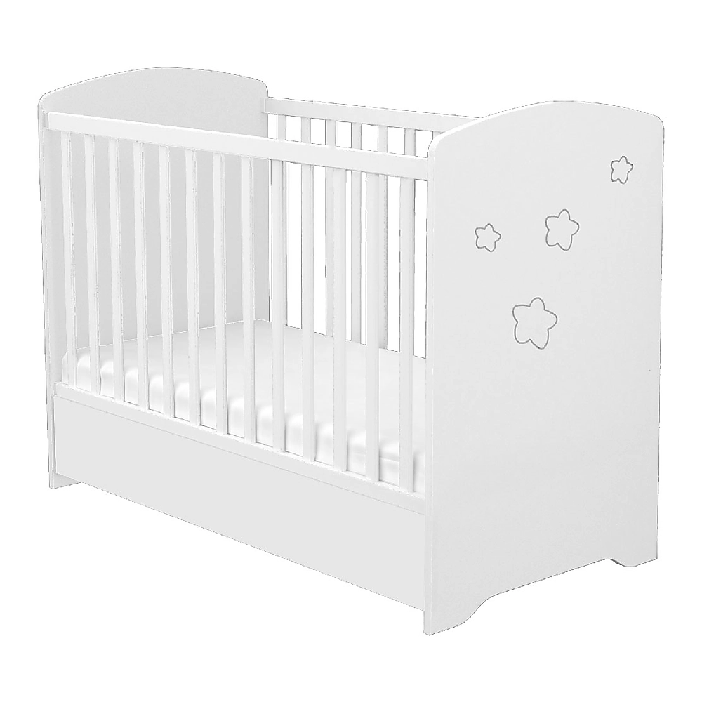 Patuturi din lemn - Patut copii din lemn cu sertar Matei, 120x60 cm, Alb cu stelute