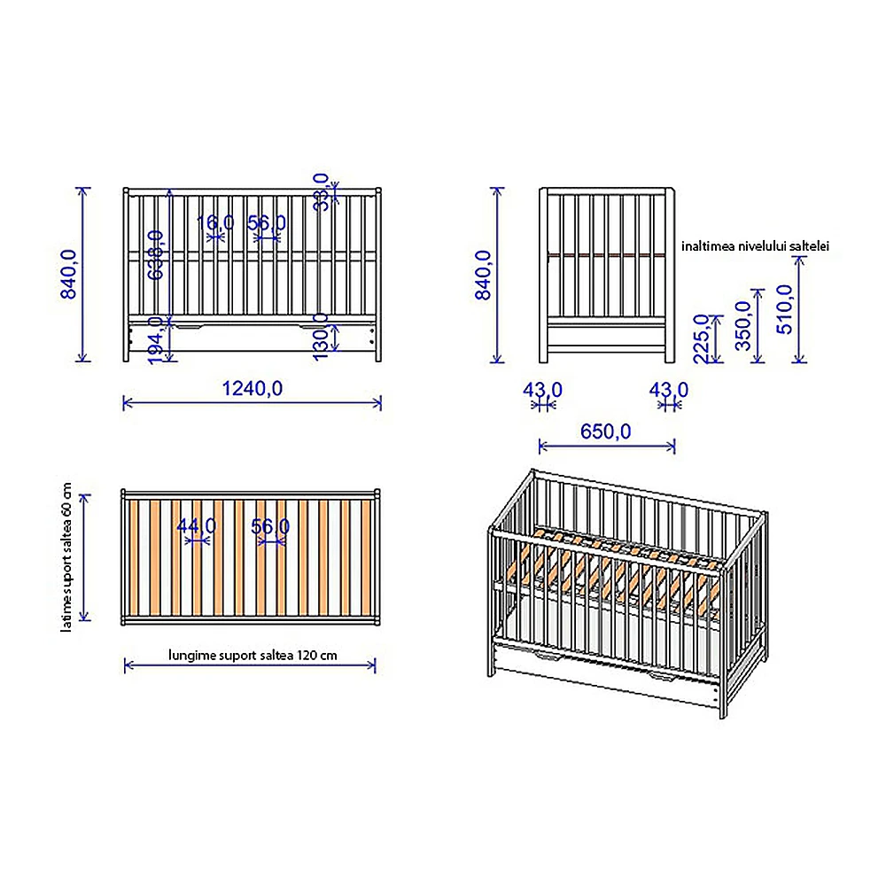 Patut copii din lemn Dominic 120x60 cm natur cu sertar [1]