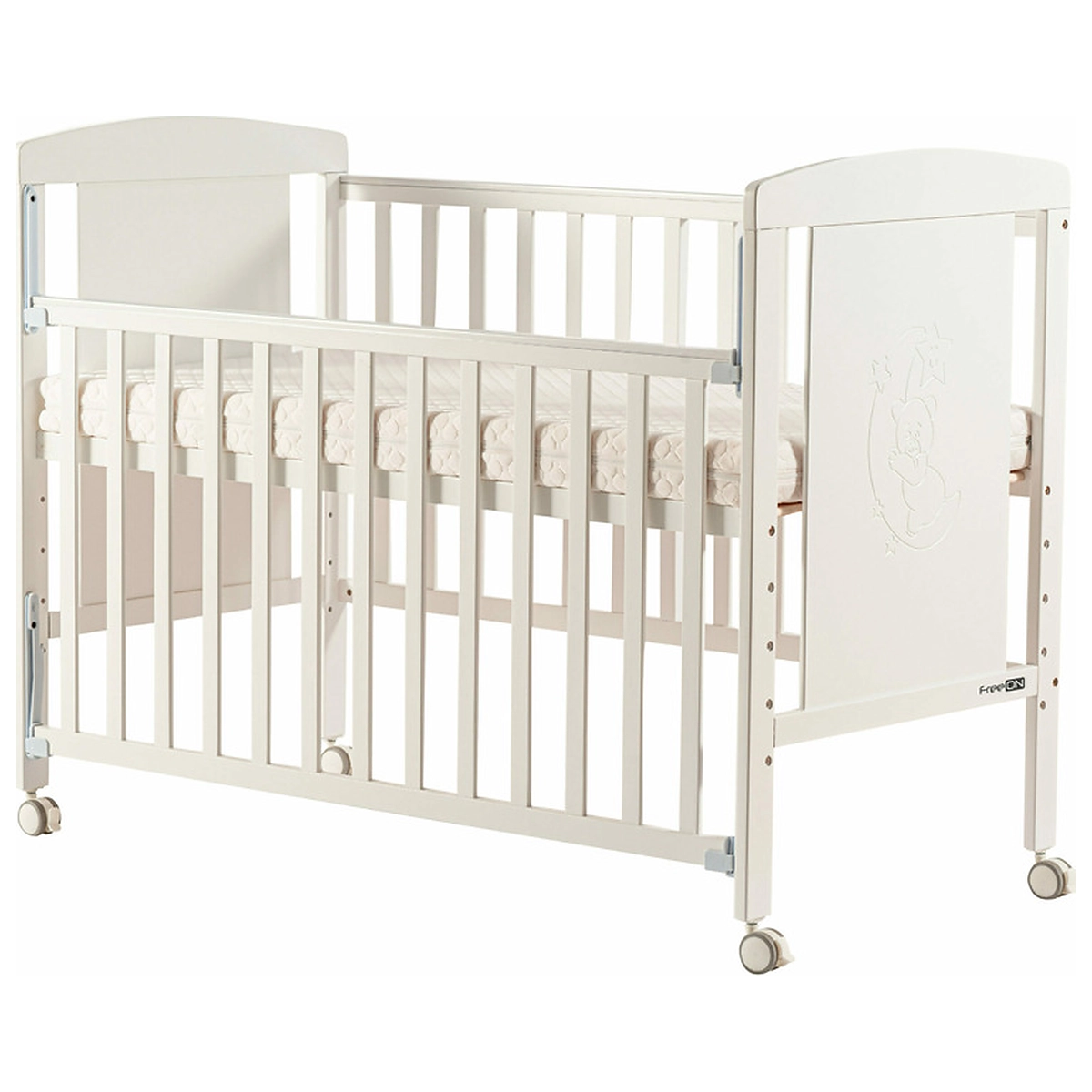 Patuturi copii - Patut din lemn bebe, 120x60 cm, laterala culisanta, roti, FreeON, Mia, White 0 luni+