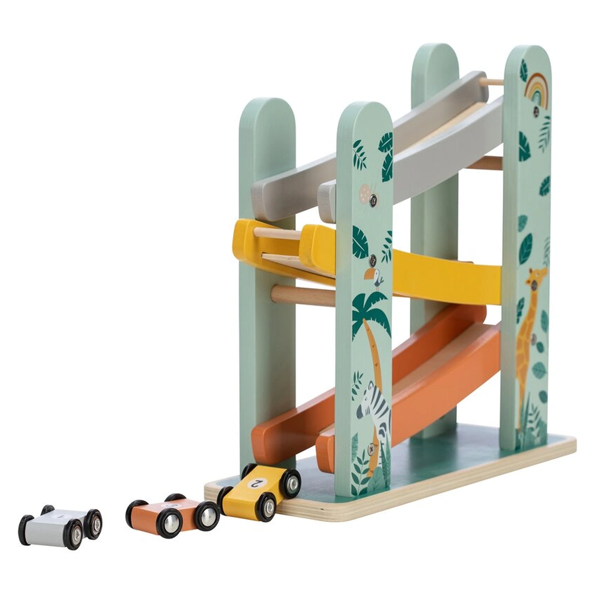 Masinute, trenulete, avioane - Pista de masini, Din lemn, Cu 3 masinute incluse, 26.9 x 23.6 x 7 cm