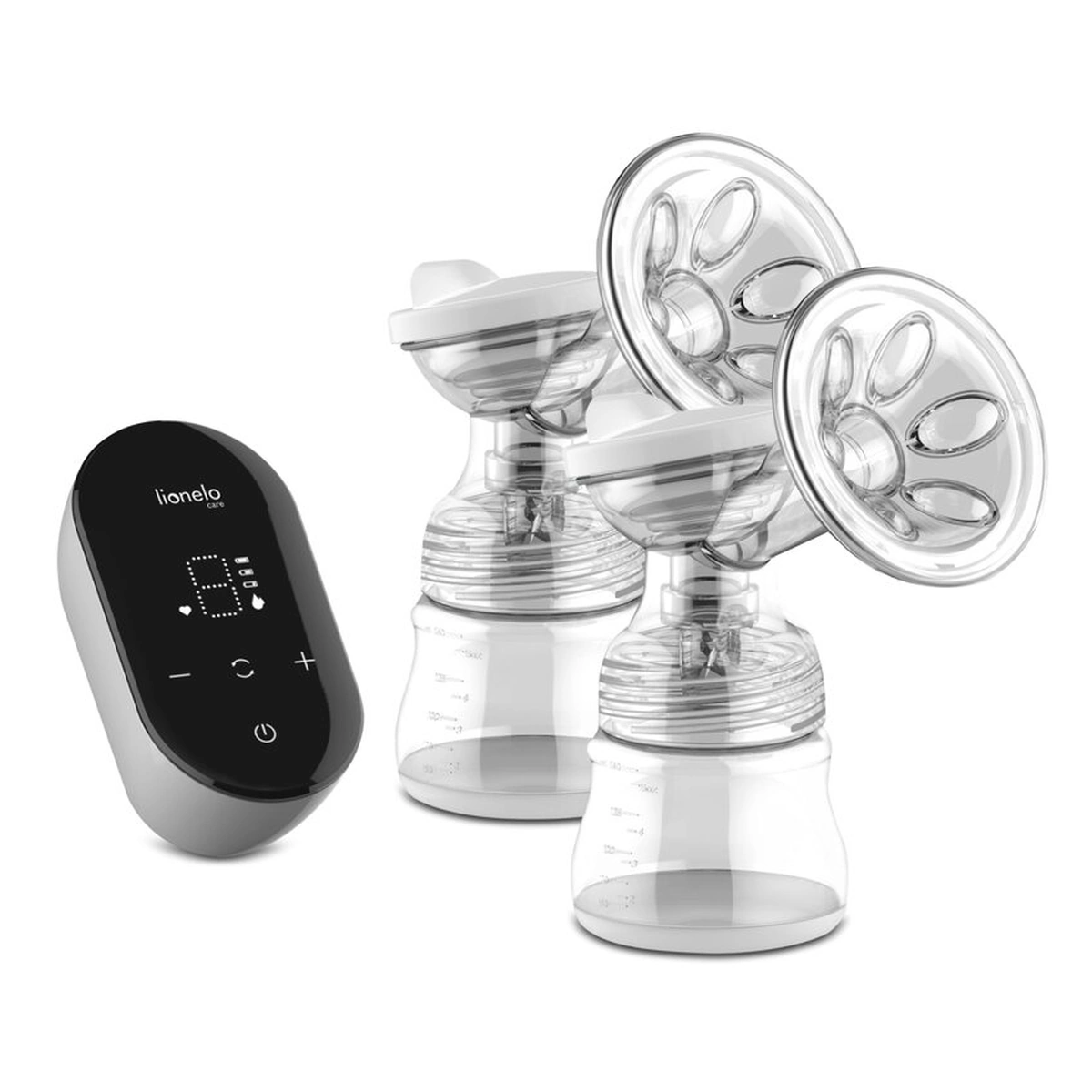 Pompe de san - Pompa dubla de san, Lionelo, Electrica, 9 nivele de aspiratie, 5 moduri de masaj, Afisaj LED, Silentioasa, Include 2 recipiente de 150 ml si 2 pungi, cablu usb, Alb/gri