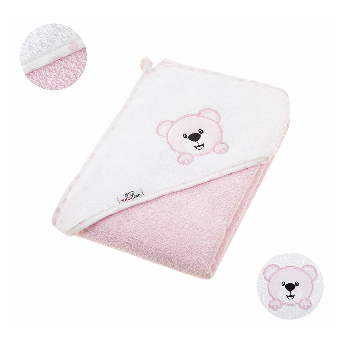 Prosoape si halate de baie - Prosop de baie, Bocioland, Cu gluga, 100% bumbac, 80x80 cm, Teddy Bear, Pink