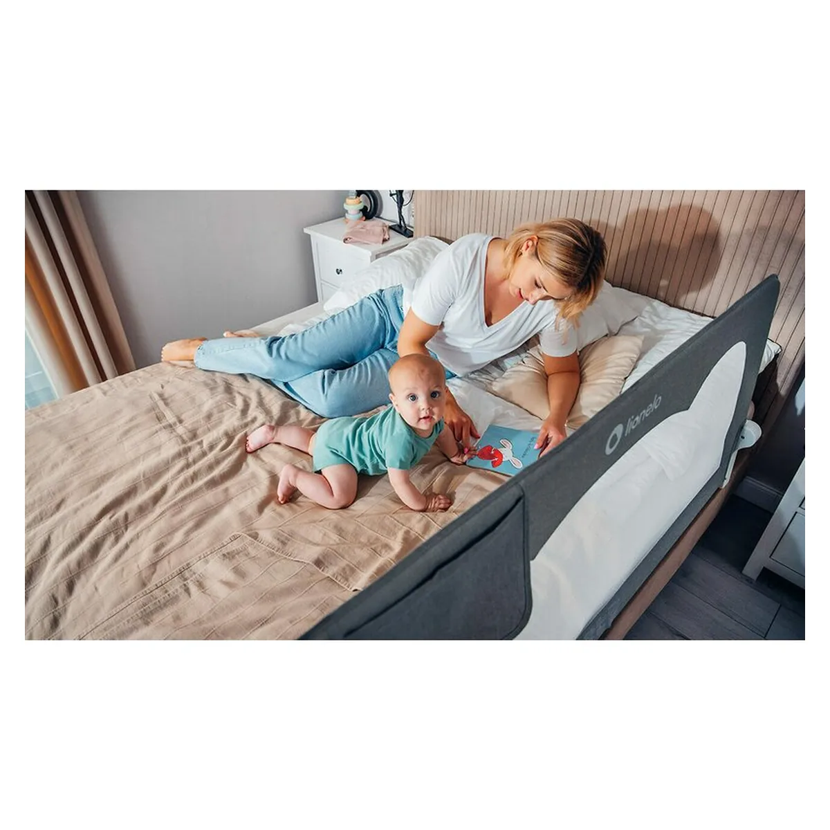 Protectie laterala pat, Lionelo, Hanna, Cu buzunar accesorii, 150x66 cm, Bej 18 luni+ [10]