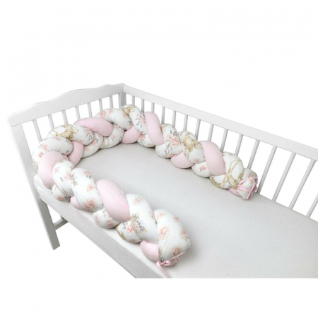 Protectie laterala pentru patut bebe, Tip Bumper impletit, Din bumbac, Lungime 220 cm, Sweet Deer Pink [1]