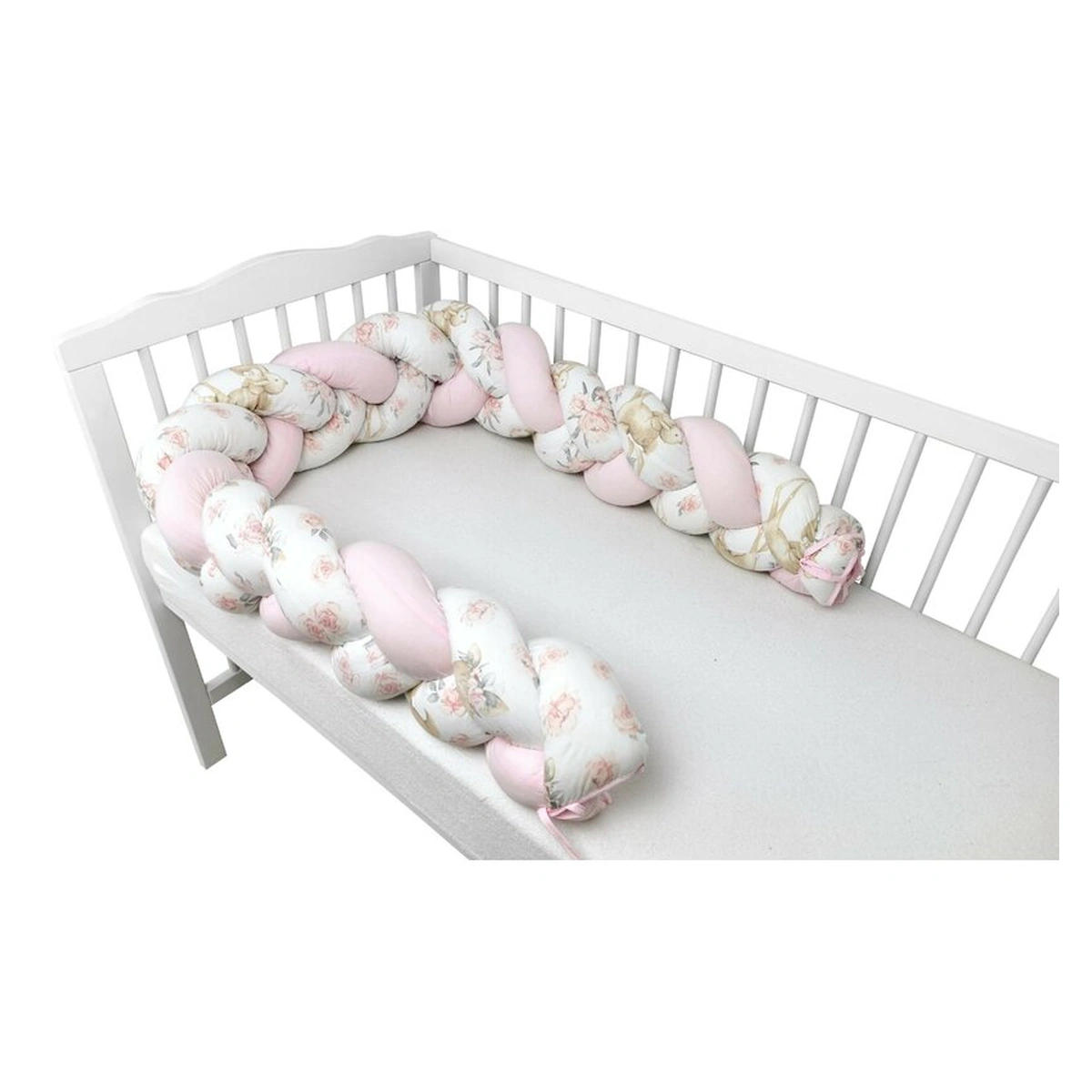 Somnul celor mici - Protectie laterala pentru patut bebe, Tip Bumper impletit, Din bumbac, Lungime 220 cm, Sweet Deer Pink