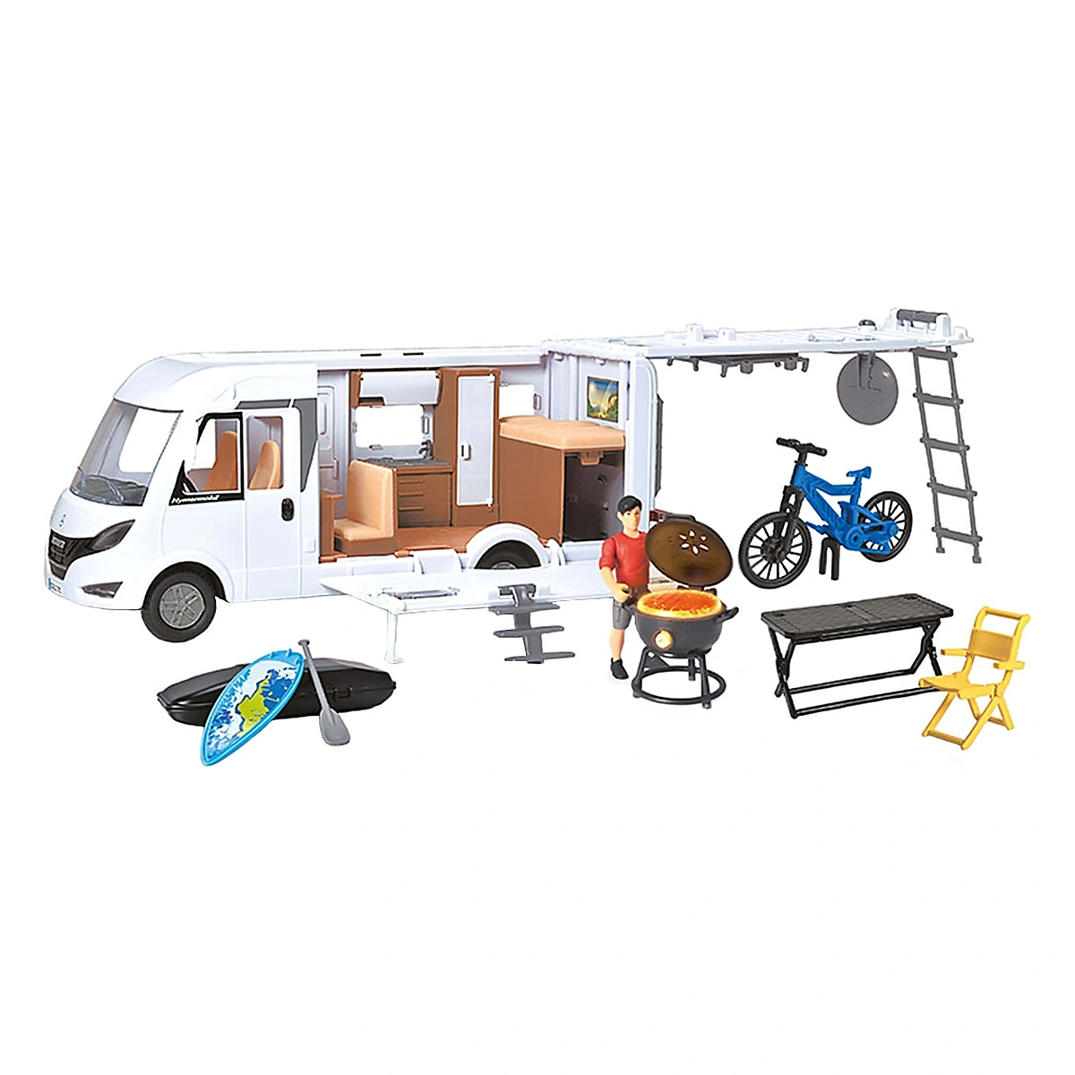 Masinute, trenulete, avioane - Rulota Dickie Toys Camper Hymer Camping Van Class B cu figurina si accesorii