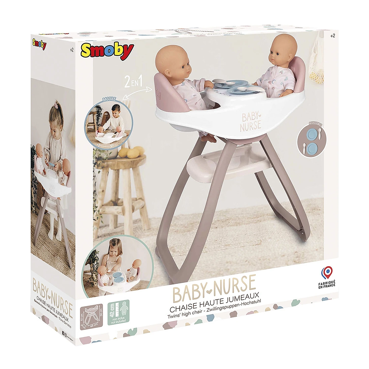 Mobilier pentru papusi - Scaun de masa pentru papusi Smoby Baby Nurse Twin 2 in 1 maro