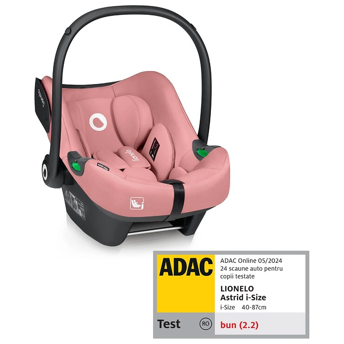 La plimbare - Scoica auto, Lionelo, i-Size Astrid, 0-13 Kg, 40-87 cm, Testat ADAC, Roz