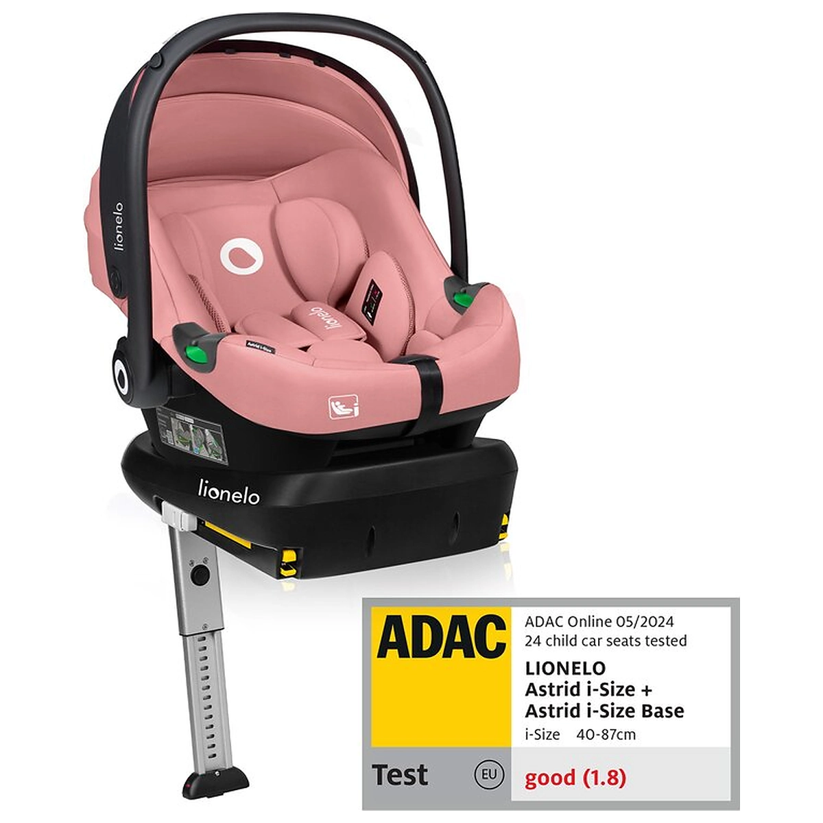 Scaune auto - Scoica auto, Lionelo, i-Size Astrid, Include baza Isofix, 0-13 Kg, 40-87 cm, Testat ADAC, Roz