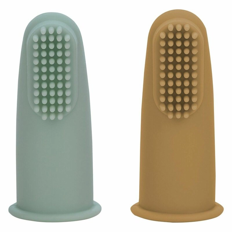 Igiena dentara - Set 2 periute de dinti pentru deget, FreeON, Cu peri moi, Silicon, 0 luni+, Green/Ochre
