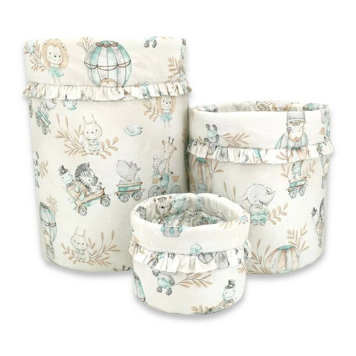 Decoratiuni si mobila - Set 3 cosuri rotunde, MimiNu, Dimensiuni 50x35 cm, 35x30 cm, 19x23 cm, bumbac, Zoo on Bikes Nugat