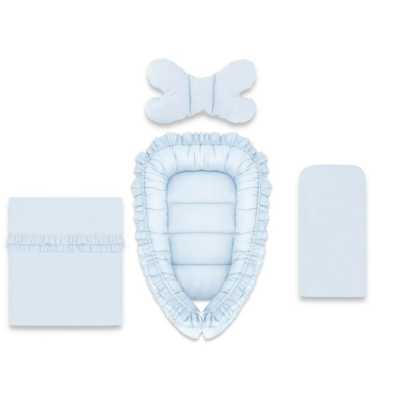 Somnul celor mici - Set 4 in 1 Cosulet bebelus, MimiNu, Baby Cocoon 75x55 cm, Cu volanase, Husa bumbac, Din bumbac certificat Oeko Tex