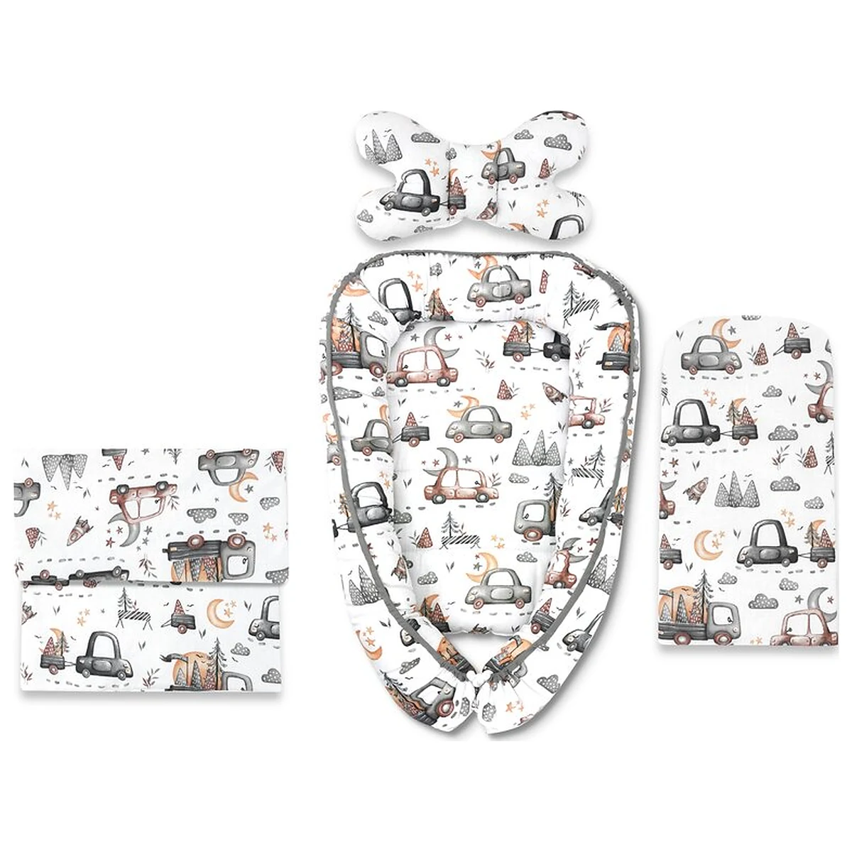 Somnul celor mici - Set 4 in 1 Cosulet bebelus, MimiNu, Baby Cocoon 75x55 cm, Husa bumbac, Din bumbac certificat Oeko Tex Standard 100, Cu