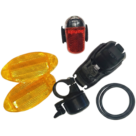 La plimbare - Set accesorii Dino Bikes Faruri fata si spate, reflectoare si claxon