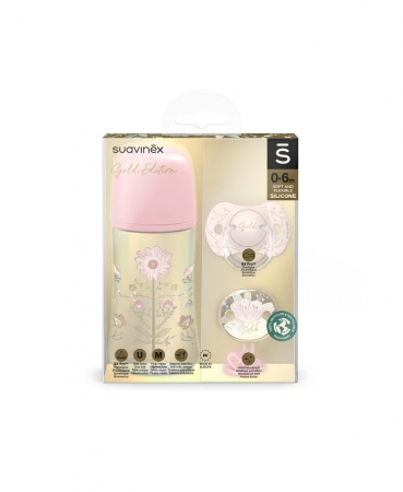Suzete si lanturi - Set biberon 270ml + suzetă 0-6m + lănțișor Roz Gold Premium