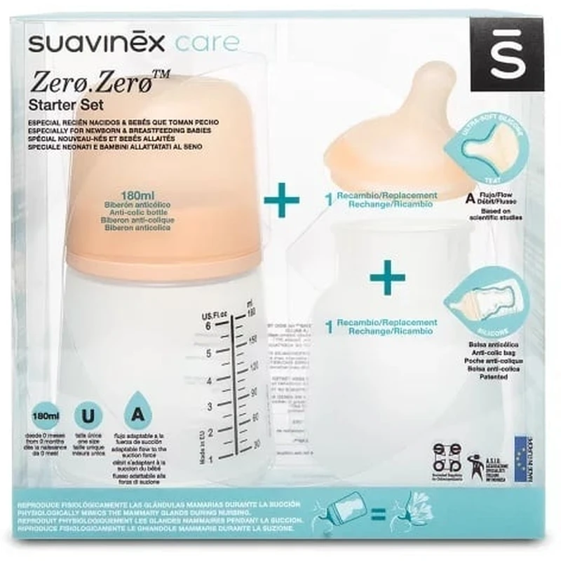 Suzete si lanturi - Set biberon anticolici 180 ml + tetină cu debit variabil + săculeț silicon Zero Zero Suavinex
