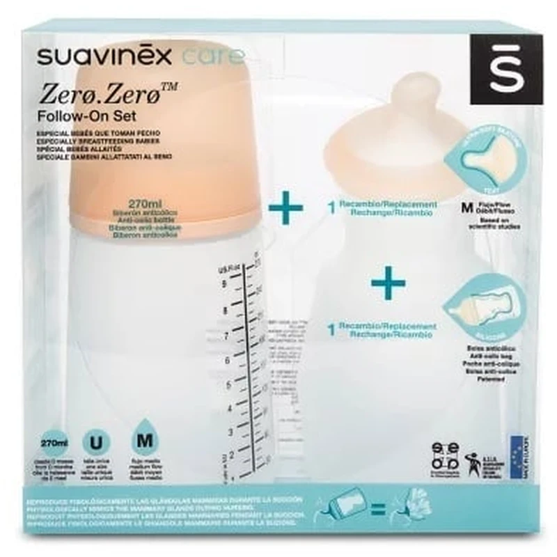 Suzete si lanturi - Set biberon anticolici 270 ml + tetină cu debit mediu + săculeț silicon Zero Zero Suavinex